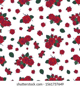 Vector scattered red roses and leaves againts white background seamless pattern. Perfect for fabric, scrapbooking and wallpaper projects.