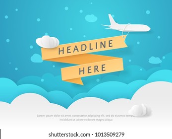 Vector scene with 3D paper cut objects (airplane, clouds and ribbon). Template in paper style for design of flyers, business presentations, posters and banners. Carving art with blue background.
