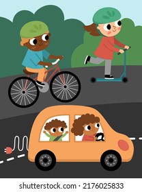 Vector scene with alternative transport. Eco awareness landscape with road, electro car, kids on bike and scooter. Earth day or nature protection illustration with ecological transportation
