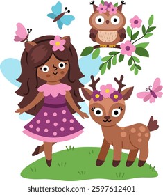 Vector scene with animal fairy, owl, deer, butterfly. Funny composition with little girl. Cute scenery with magic princess with wings, meadow. Fantasy scene illustration. Fairytale picture for kid
