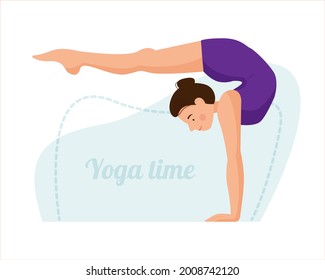 Vector scene with balance in yoga. Girl is practicing yoga isolated on a white background. Woman doing handstand. Vector flat illustration.