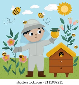 Vector scene with beekeeper honey jar, bee, beehive. Cute kid doing agricultural work icon. Rural country farmer landscape. Child in protective uniform. Funny farm field illustration

