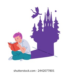 Escena vectorial de un niño absorto en un libro y visualizando una aventura. La ilustración muestra un pasatiempo creativo, libre de artilugios, con literatura e imaginación en un fondo aislado.