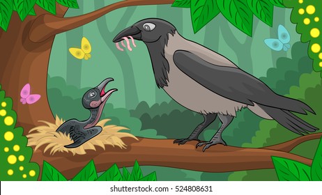 Vector scene with cartoon crow family in the woods