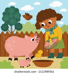 Vector scene with cattle breeder. Farmer girl feeding animals. Cute kid doing agricultural work. Rural country landscape. Child with cute pig and chicken. Funny farm cartoon illustration