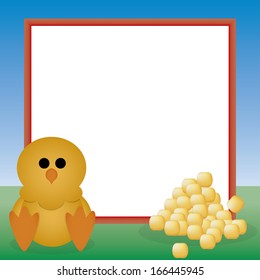 Vector Scene With A Chick, Corn Kernels And A Blank Sign