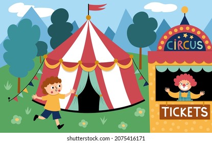 Vector scene with circus marquee, boy running to the ticket box with clown. Street show background. Cute festival illustration with funny characters for kids. Amusement park picture
