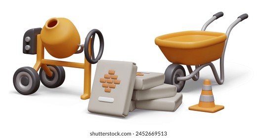Vector scene of construction site with nobody. Modern equipment and materials