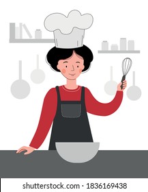 Vector scene with a cook in the kitchen. Woman cooking. Chef woman