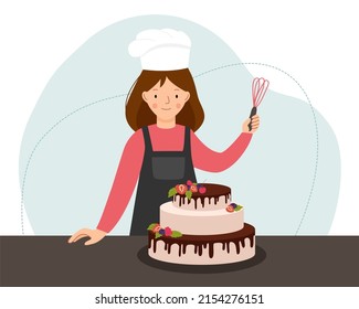 Vector scene with a cook in the kitchen. Woman cook preparing cake with berries.