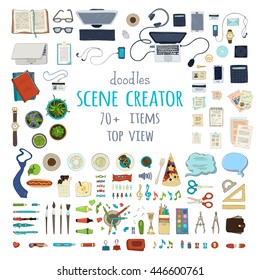 Vector scene creator set. Hand-drawn gadgets and office supplies isolated on white background. 70+ items. Top view. Design elements for work and education. Stationery and gadgets, food and plants.