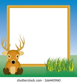 Vector Scene With A Deer, Grass And A Blank Sign