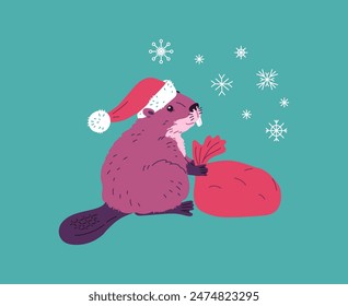 Vector scene depicting a cheerful beaver in a flat style in a festive New Year's hat with a red bag of gifts, surrounded by snow-white snowflakes