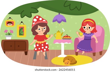 Vektorszene mit Feen, die Tee trinken. Lustige Komposition mit Mädchen. Nette Landschaft mit magischen Prinzessin chatting in gemütlichen Baumhaus. Illustration einer Fantasieszene. Märchenbild für Kind
