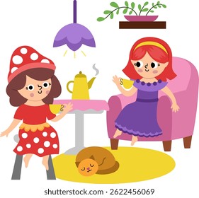 Vector scene with fairies drinking tea. Funny composition with girls. Cute scenery with magic princess chatting in cozy house. Fantasy scene illustration. Fairytale picture for kid
