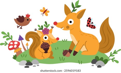 Vector scene with fairytale animals on meadow. Funny composition with squirrel, fox, bird. Cute scenery with magic creature with acorn, mushroom. Fantasy illustration. Fairytale picture for kid