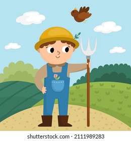 Vector scene with farmer standing with hayfork. Cute kid doing agricultural work. Rural country landscape. Child gathering hay. Funny farm cartoon boy illustration with field background
