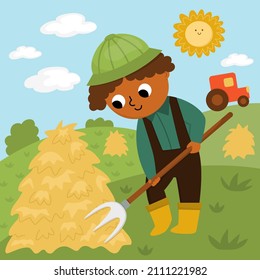 Vector scene with farmer working with hayfork. Cute kid doing agricultural work. Rural country landscape. Child gathering hay. Funny farm cartoon boy illustration with field background
