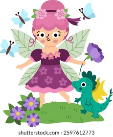 Vector scene with flower fairy, rose, butterfly, dragon. Funny composition with little girl. Cute scenery with magic princess with wings, meadow. Fantasy scene illustration. Fairytale picture for kid
