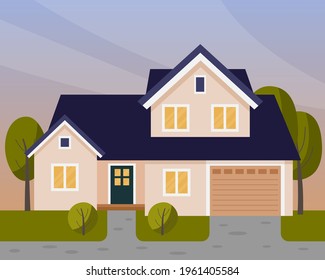 Vector scene with house in the evening. Two story house with a garage.