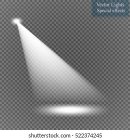 Vector scene illuminated by spotlight ray. Light effect on transparent background
