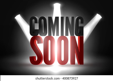 Vector scene illuminated spotlight. Coming soon on a show scene spotlight. Spotlight glow effect on black stage background. Coming soon under stage limelight on dark background.