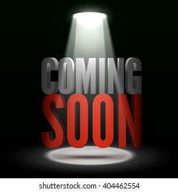 Vector scene illuminated spotlight. Coming soon floating in stage limelight on dark background. Stage light background vector. Show coming soon in scene light. Bright beam highlights important message