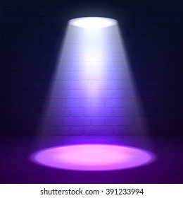 Vector scene illuminated spotlight. Light violet beam on dark stage highlight important. Show spotlight background vector. Stage limelight on grunge background. Cinema spotlight glowing background. 