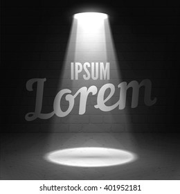 Vector scene illuminated with spotlight. Show stage spotlight background vector Spotlight glow effect scene background. Text in a beam of stage spotlight with shadow on dark background.