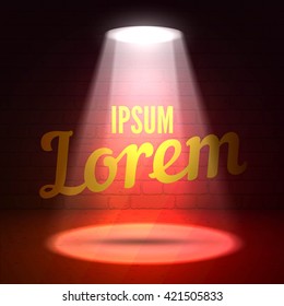 Cena vetorial iluminada com holofotes. Mostrar o vetor de fundo da luz do palco. Fundo da cena do efeito brilho do holofote. Texto de ouro em um feixe de palco vermelho com sombra no fundo de tijolos escuros