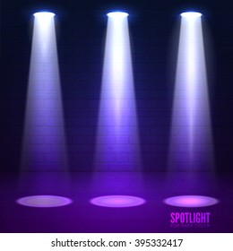 Vector scene illuminated spotlights. Three light violet beam on dark stage highlight important. Stage limelight on grunge background. Cinema show spotlight glowing background. 