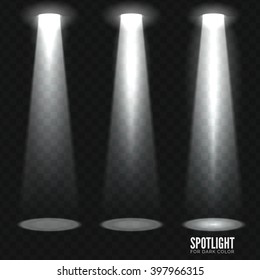 Vector scene illuminated spotlights. Three light powerful beam on dark transparent background highlight important. Cinema show spotlight glowing. Stage limelight on transparent background. 