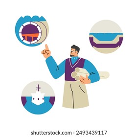 Vector scene with the image of a shipbuilding engineer with drawings in his hands and icons with marine engineering diagrams. Ideal for educational materials. Flat style on isolated background.