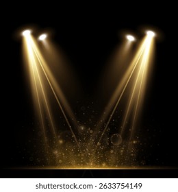 Effets d'éclairage des scènes d'Images vectorielles - ensemble de projecteurs de concert dorés avec des faisceaux lumineux, sources de lumière réalistes pour la conception d'événements, affiches de fête, bannières de web et utilisation d'arrière-plans transparents