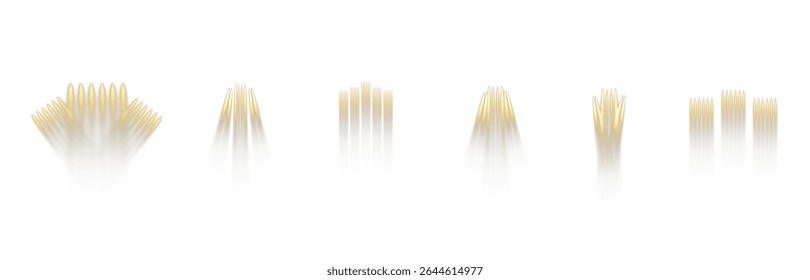 Vector scene lighting effects - set of concert gold spotlights with glowing beams, realistic light sources for event design, party posters, web banners and use of transparent background.PNG