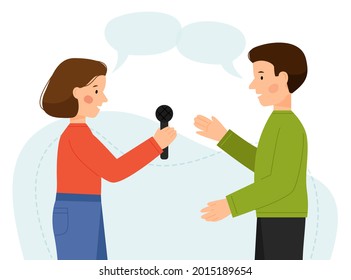 Vector scene of man and woman interview. A guy and a girl talking. Man giving interviews to a journalist. Vector flat illustration.