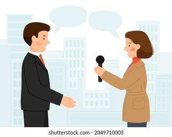 Vector scene of man and woman interview on the background of the city. A guy and a girl talking. Man giving interviews to a journalist. Vector flat illustration.