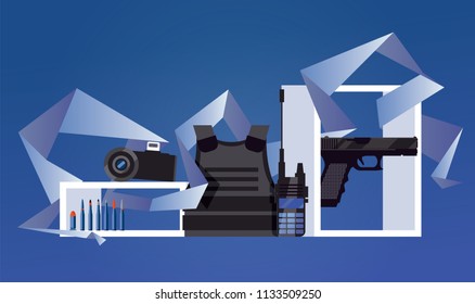 Vector scene with military object like flak jacket, night-vision device, portable radio, pistol and bullets on blue background. Geometric graphic as decoration. Set good for army expo or forces banner