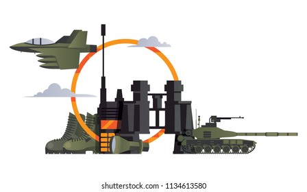 Vector scene with military objects isolated on white. Army concept
