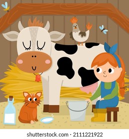 Vector scene with milkmaid. Farmer girl milking cow. Cute kid doing agricultural work. Rural country landscape. Child with cute animal. Funny farm cartoon girl illustration with barn background
