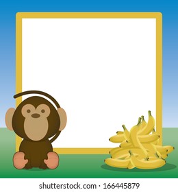 Vector Scene With A Monkey, Bananas And A Blank Sign