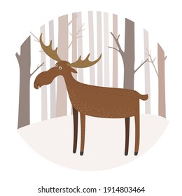 Vector scene with moose in the winter forest. Elk stand in a clearing in the forest. Illustration in hand drawn style.