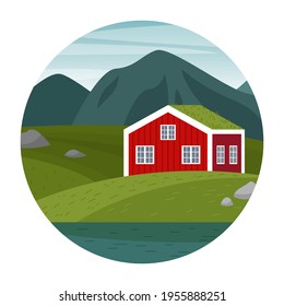 Vector scene with a Norwegian landscape. Circle logo. Mountains, meadows, a red house by the water.