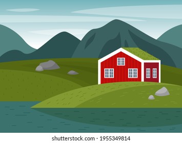 Vector scene with a Norwegian landscape. Mountains, meadows, a red house by the water.