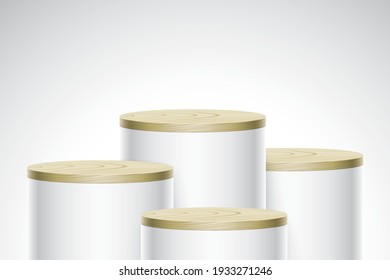 Vector scene with oval shape display stands, standing on a clean gradient background. Tube form white pedestal with wooden cover, with free space for an object, product, or text placement.