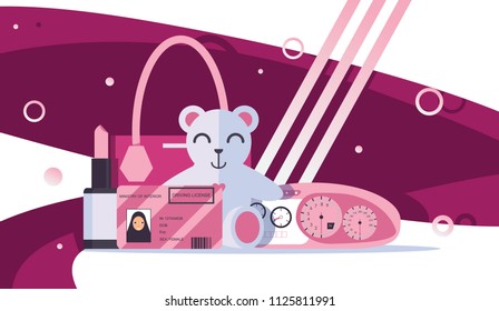 Vector scene with pink decoration, female accessories like handbag, teddy bear, saudi arab woman driving licence.