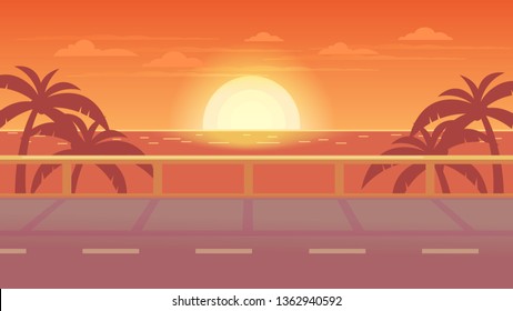 Vector scene of the road to the sea. Sea view. Tourist trip. Sunset at sea. 