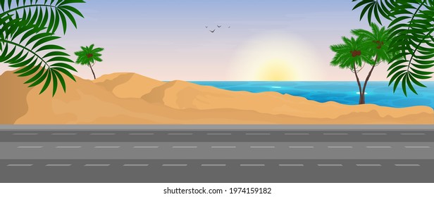 Vector scene of the road to the sea. Sea view. Tourist trip.