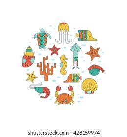 Vector scene with sea creatures in the circle on white background. Bright concept in flat style perfect for website banners, promotional materials. Suitable for emblem of diving club, oceanarium.