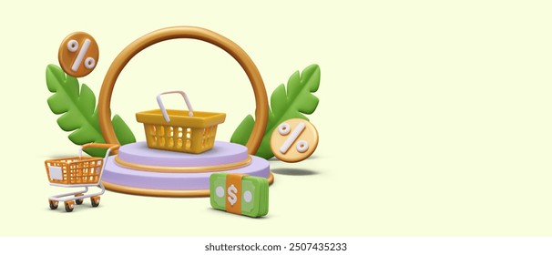 Vector scene with shopping cart, decorative elements, discount signs, money
